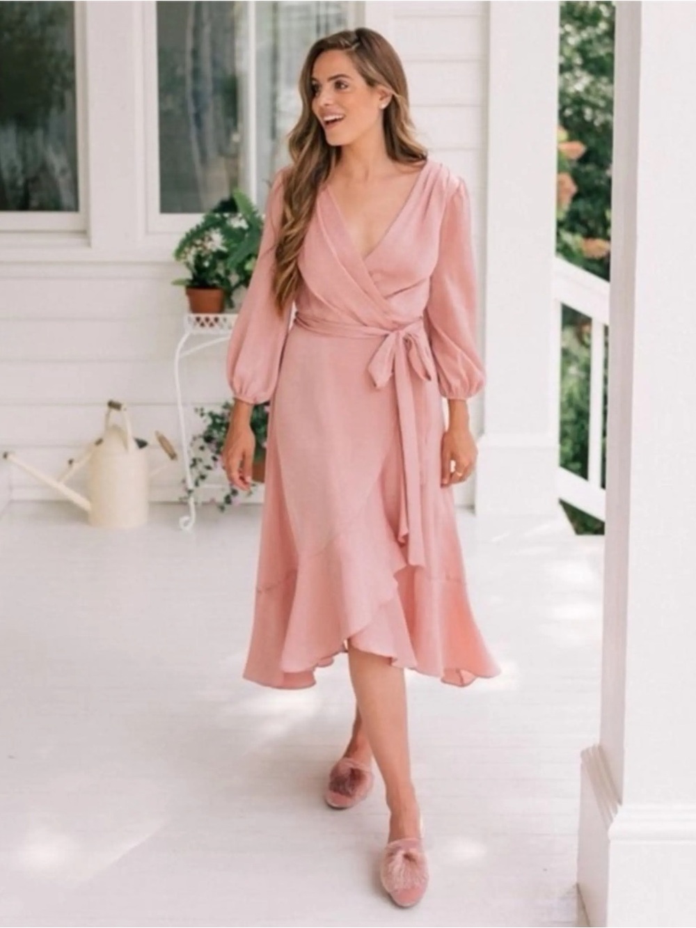Gal Meets Glam Blush Pink Wrap Midi Dress with Puff Sleeves